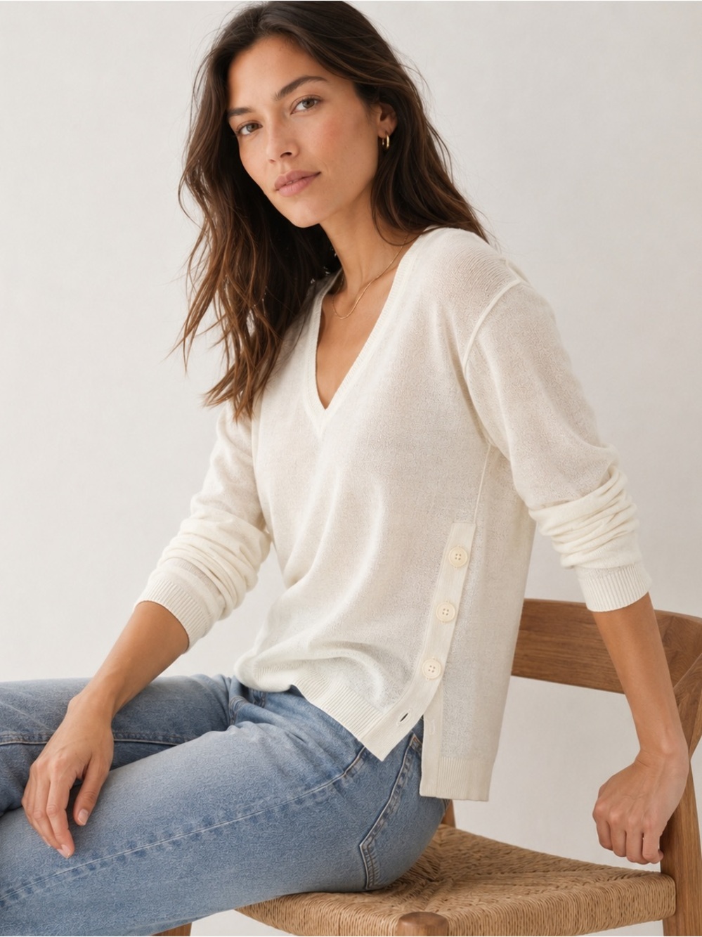 J. Crew V-neck Sweater with Side Buttons in Linen Blend Size Medium